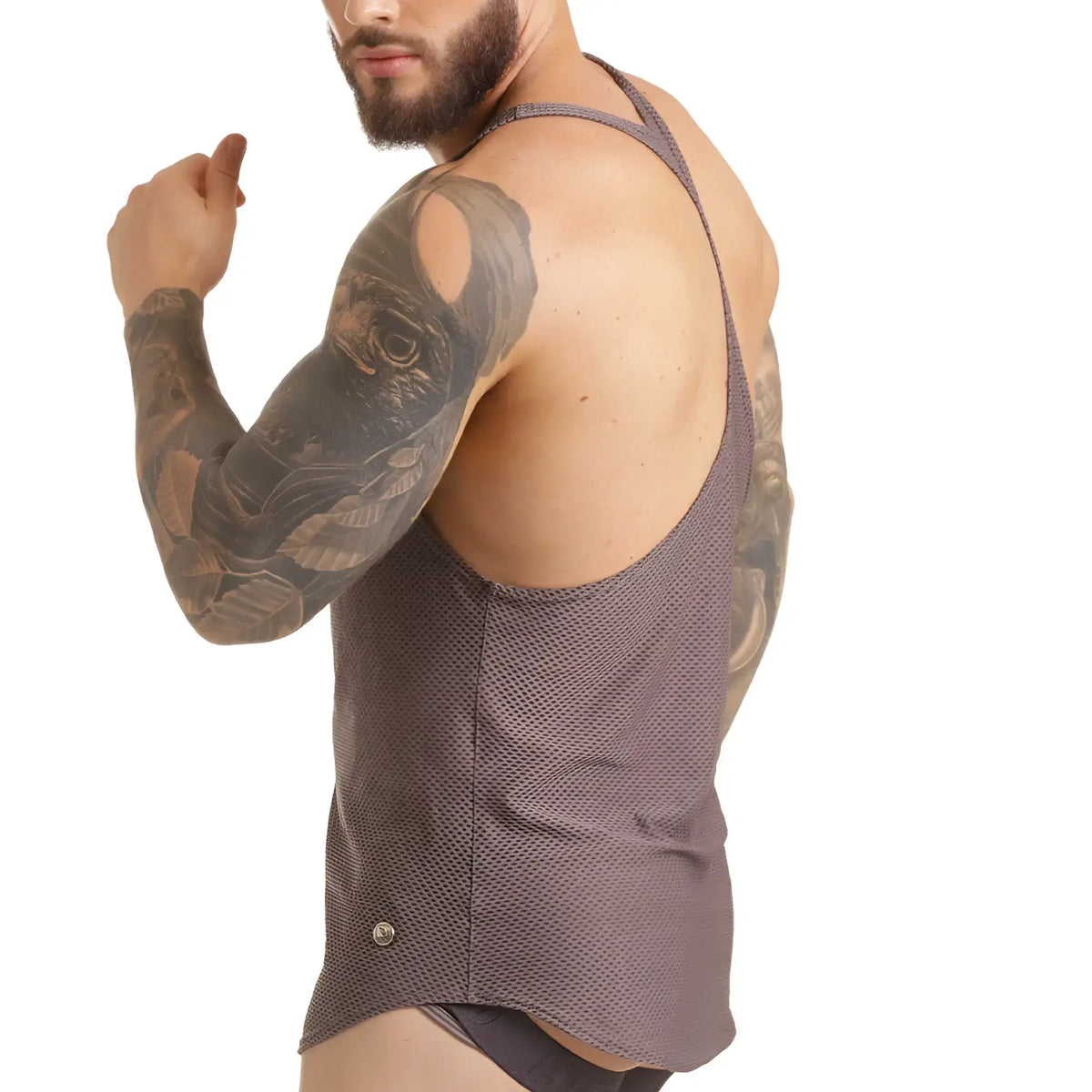 Gigo Insuperable gray tank is a dark gray mesh tank top with thin straps and a button at the bottom hem