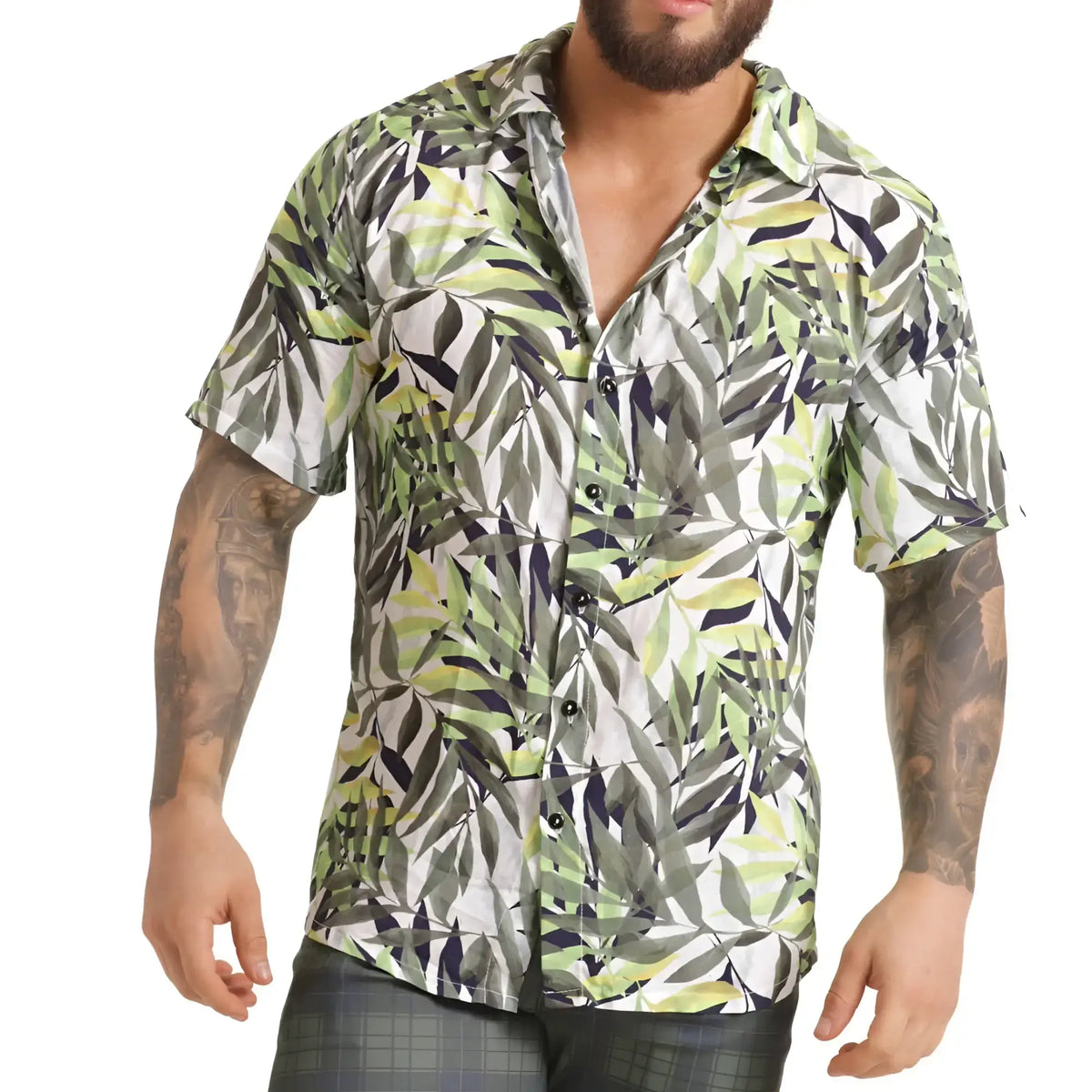A menÃ¢â‚¬â„¢s short-sleeved button-up Gigo Jungle shirt with vibrant green gray and white tropical leaf pattern