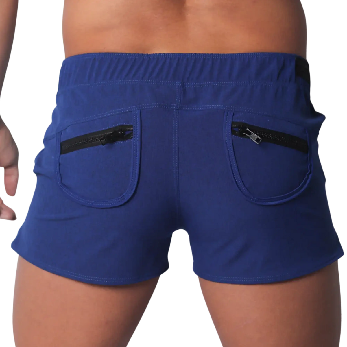 Royal blue short-length menâ€™s athletic shorts with an elastic waistband and two back pockets featuring black zippers.