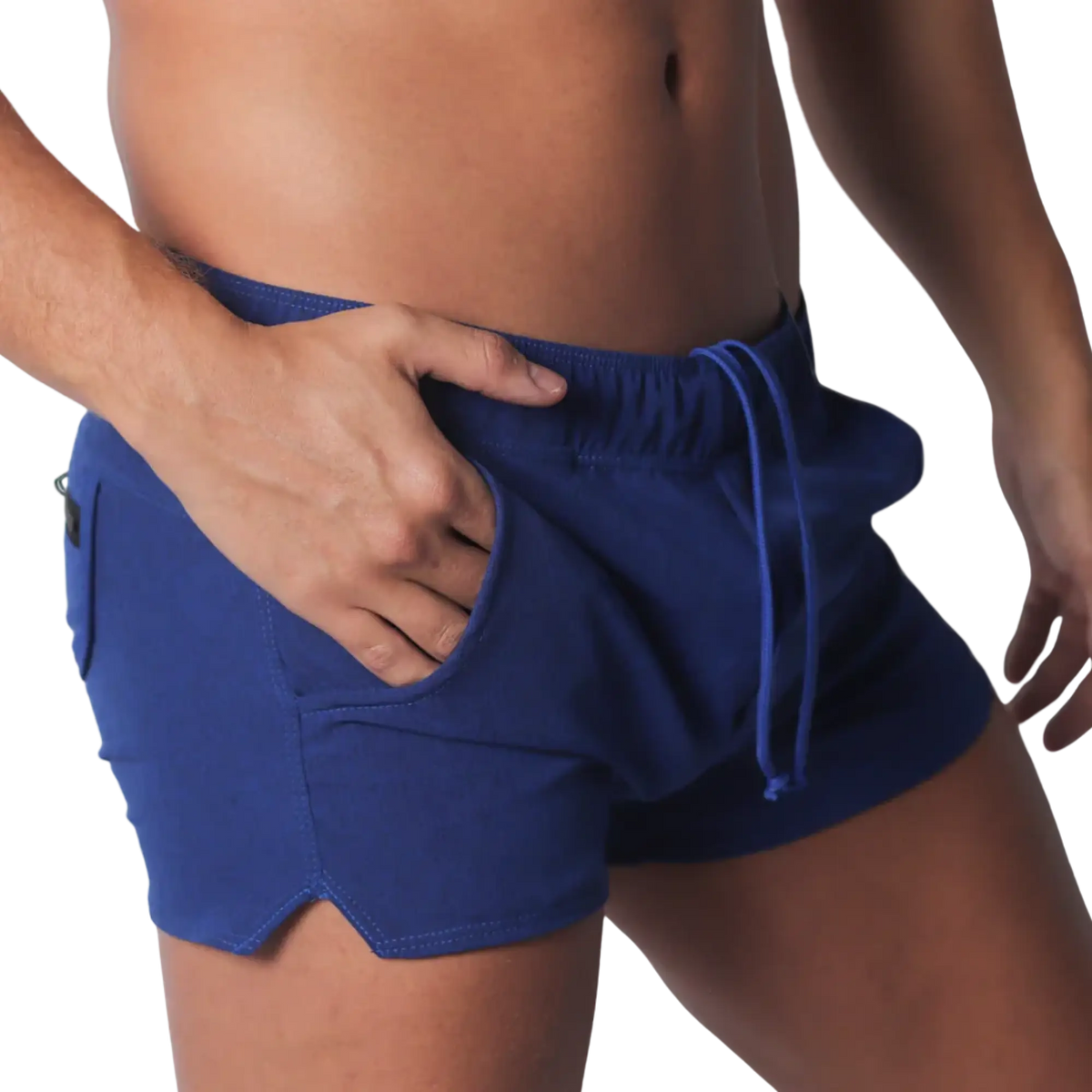 Royal blue fitted athletic shorts with an elastic drawstring waistband, side pockets, and small side leg slits.