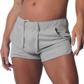 Gray mid-thigh athletic shorts with an elastic drawstring waistband and curved hem side slits.