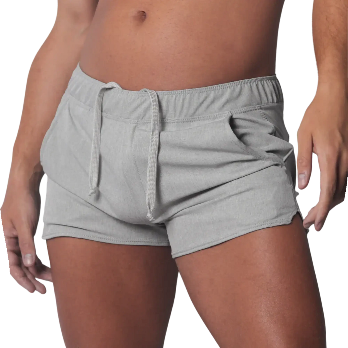 Gray mid-thigh athletic shorts with an elastic drawstring waistband and curved hem side slits.