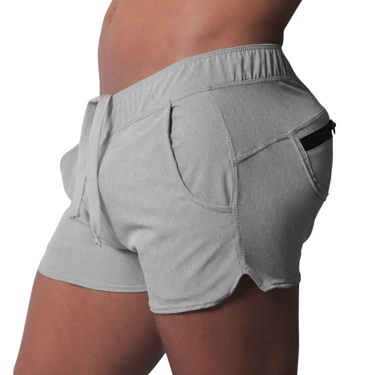 Gray short-length athletic shorts featuring an elastic drawstring waistband and a side pocket with a black zipper.
