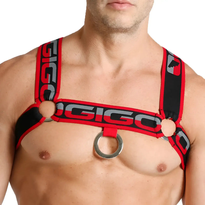 Red and black gigo karma black harness with metallic ring centerpiece designed for secure and stylish wear