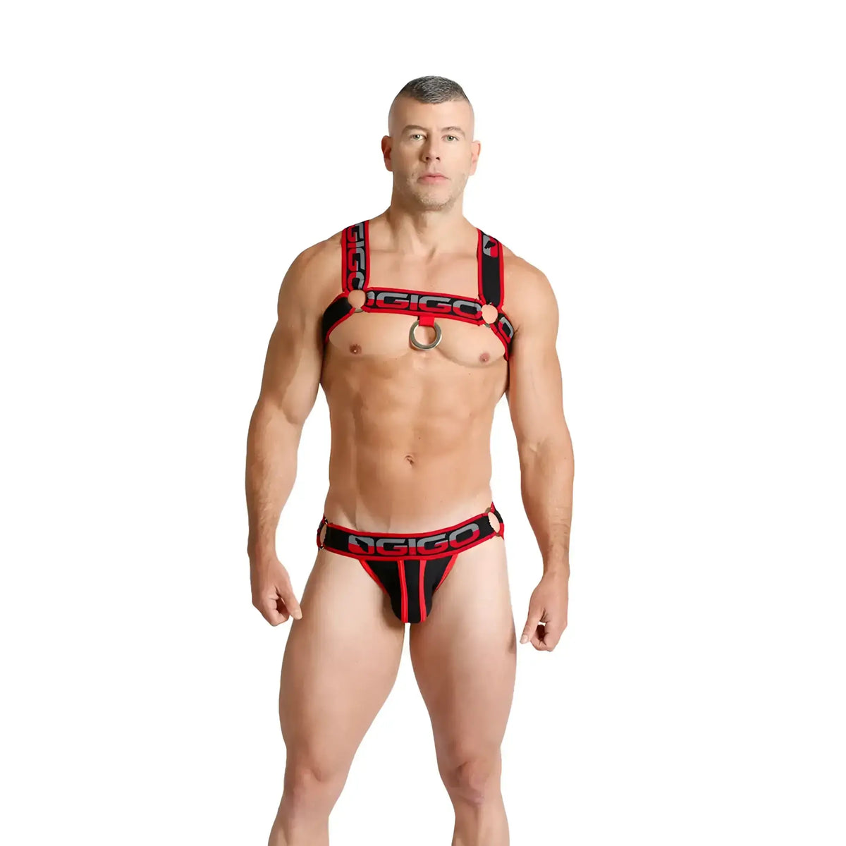 Red and black cigico branded harness-style lingerie set with central metal ring featured in gigo karma black harness