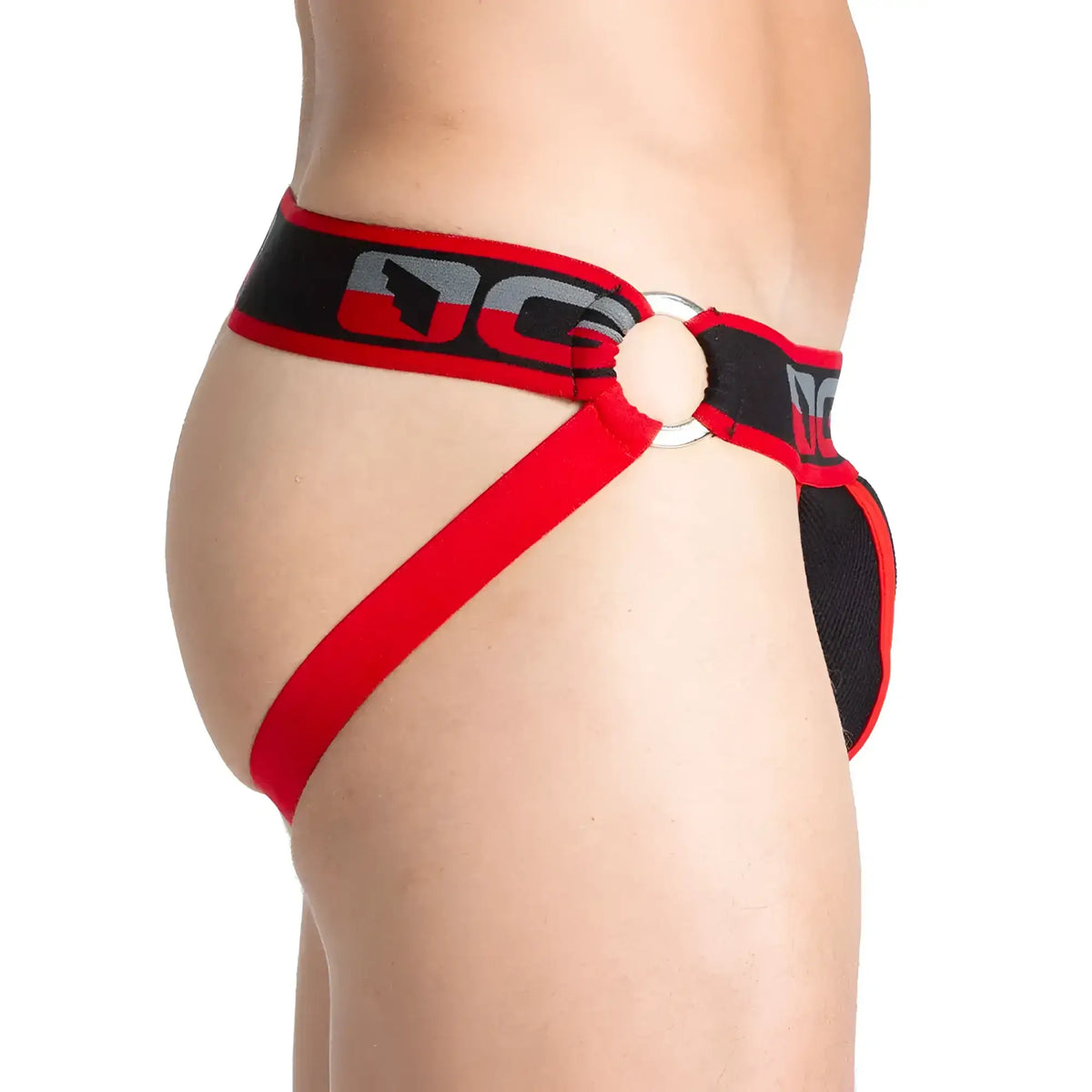 Red and black gigo karma black jock athletic briefs with silver metal ring at the front for support and style