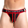 Black and red ogigo brand thong with mesh panel bold logo trim and side gussets shown from the back side