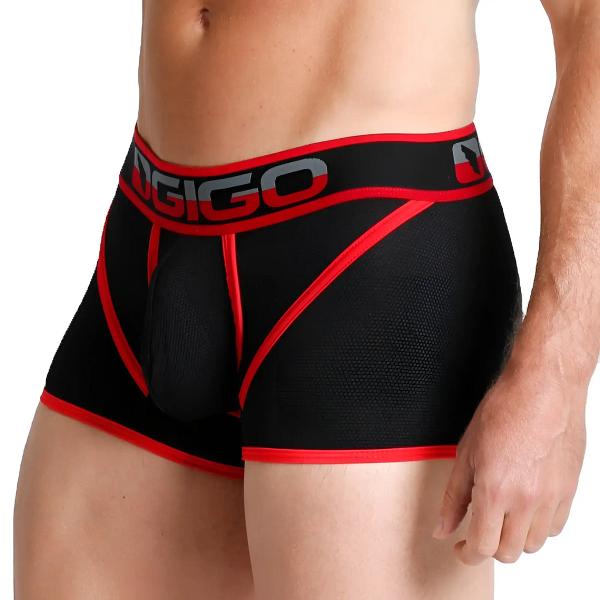 Black and red gigo karma trunk with supportive design and branded waistband for athletic use