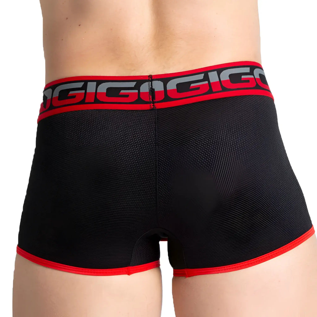 Black and red gigo karma black trunk boxer briefs with textured fabric and bold logo trim for comfortable wear