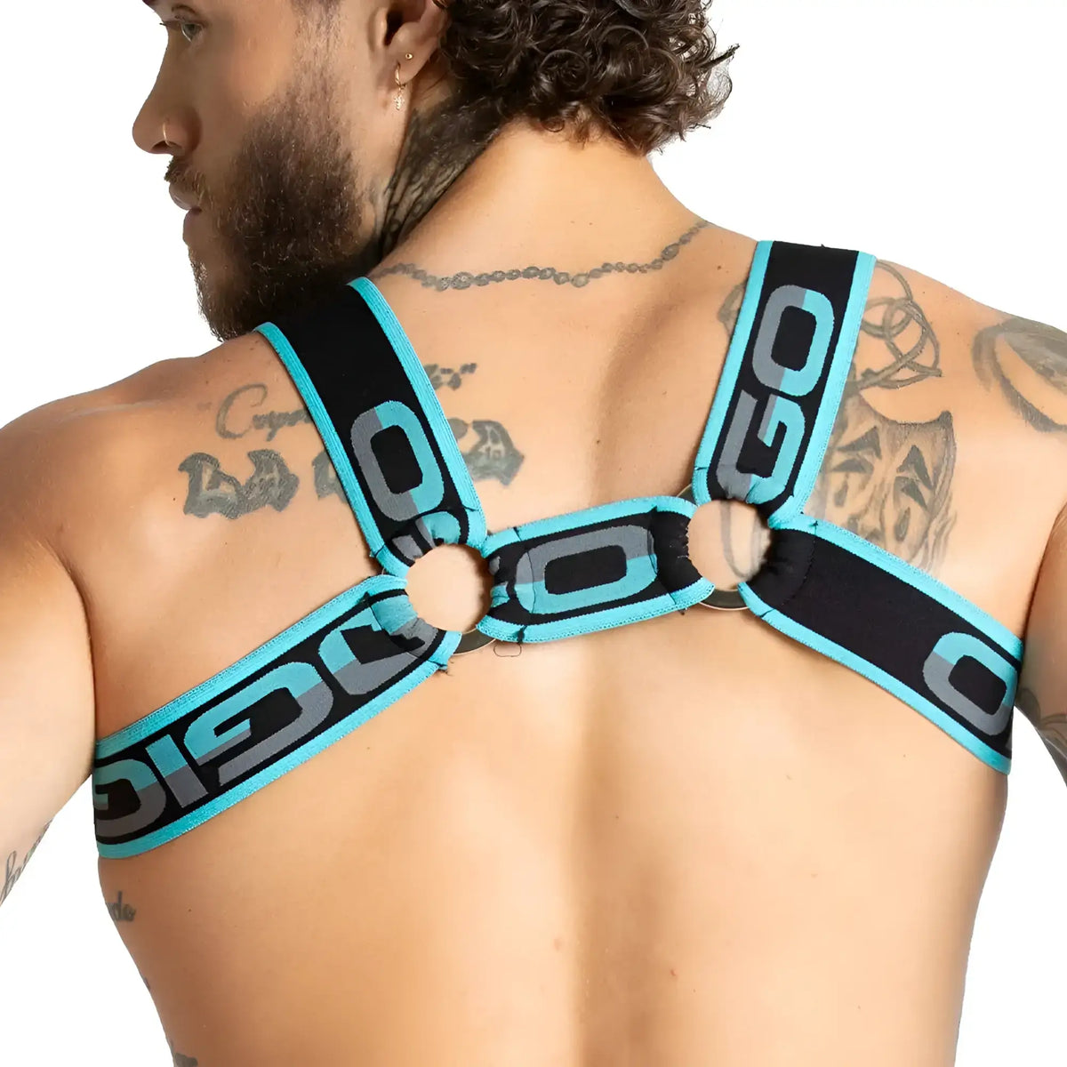 Black and teal gigo karma blue harness with bold elastic straps and durable design for secure outdoor use