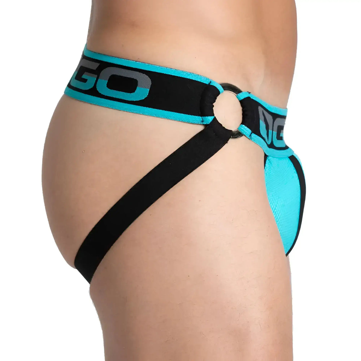 Turquoise and black gigo karma blue jock athletic briefs with bold go logo on waistband for active wear