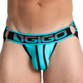 Turquoise and black gigo karma blue jock briefs with textured front panel and side stripes for stylish comfort