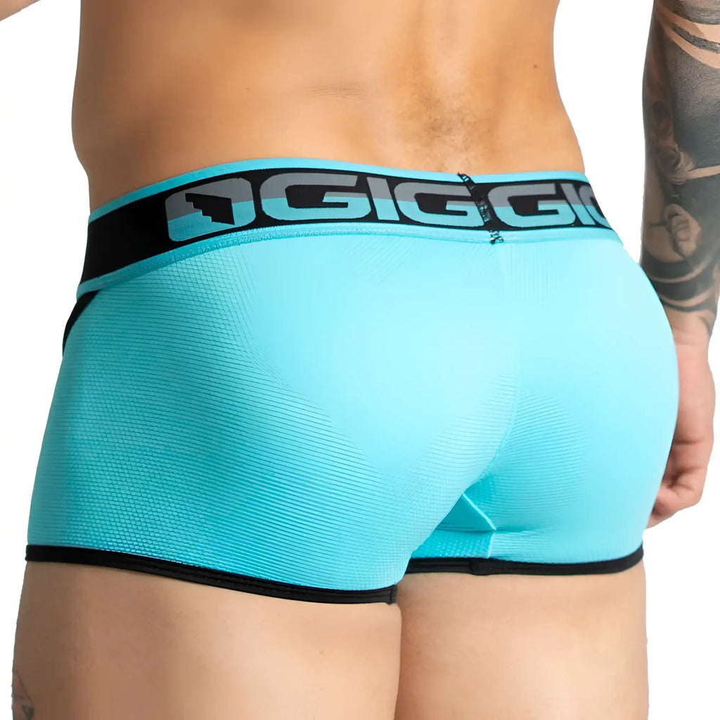 Turquoise giggio brand briefs with black trim and textured fabric finish from the gigo karma blue trunk collection