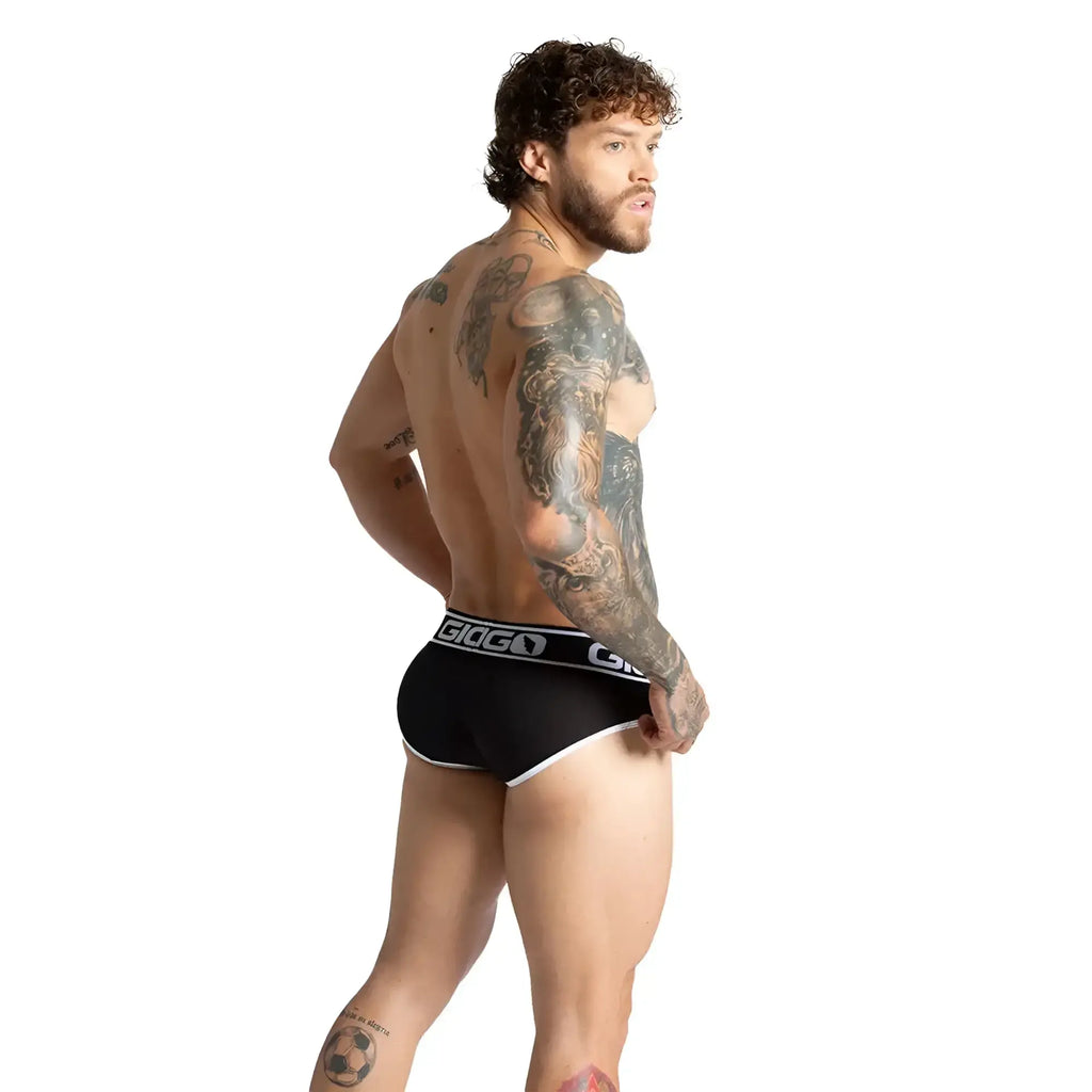 Black gioco brand briefs with white trim and logo band from the gigo khanal black brief collection