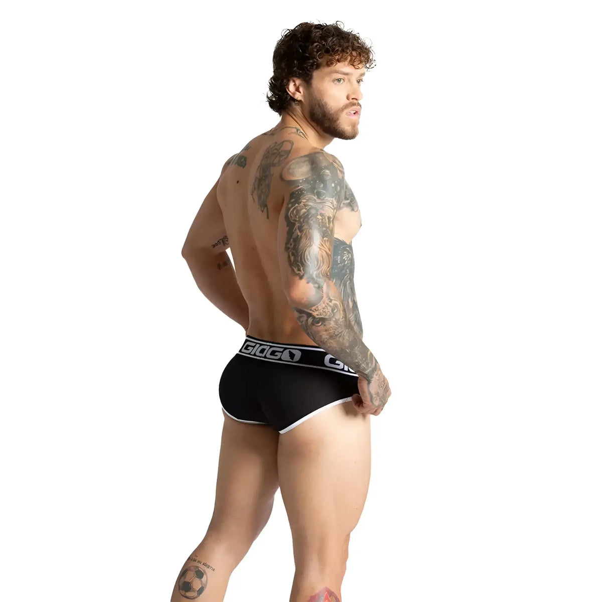 Black gioco brand briefs with white trim and logo band from the gigo khanal black brief collection