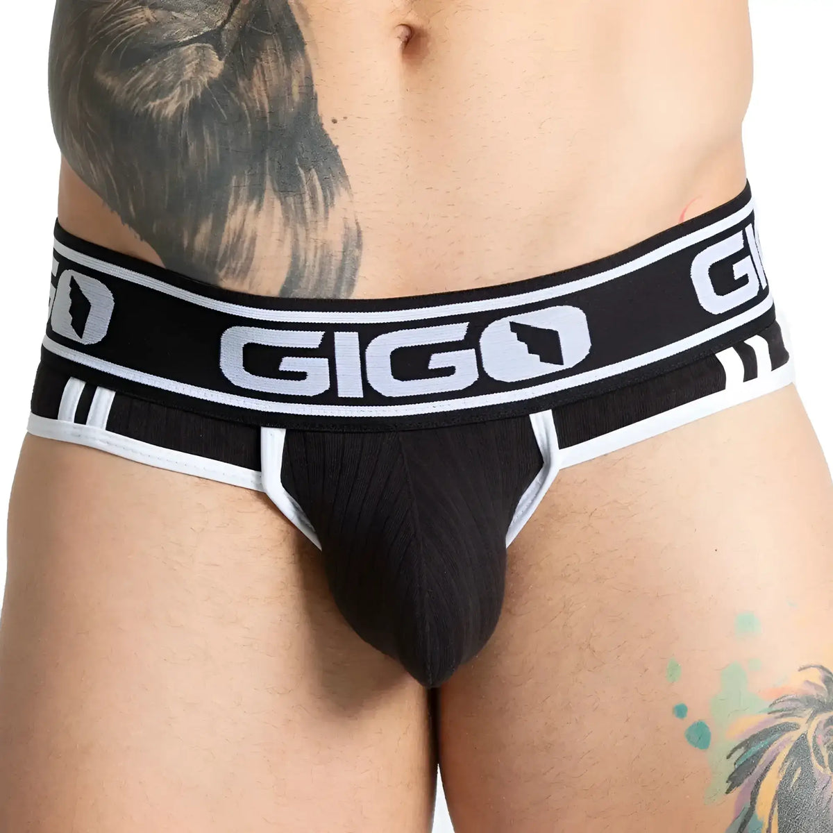 Black gigo branded briefs with white trim and logo detailing designed for comfortable everyday wear