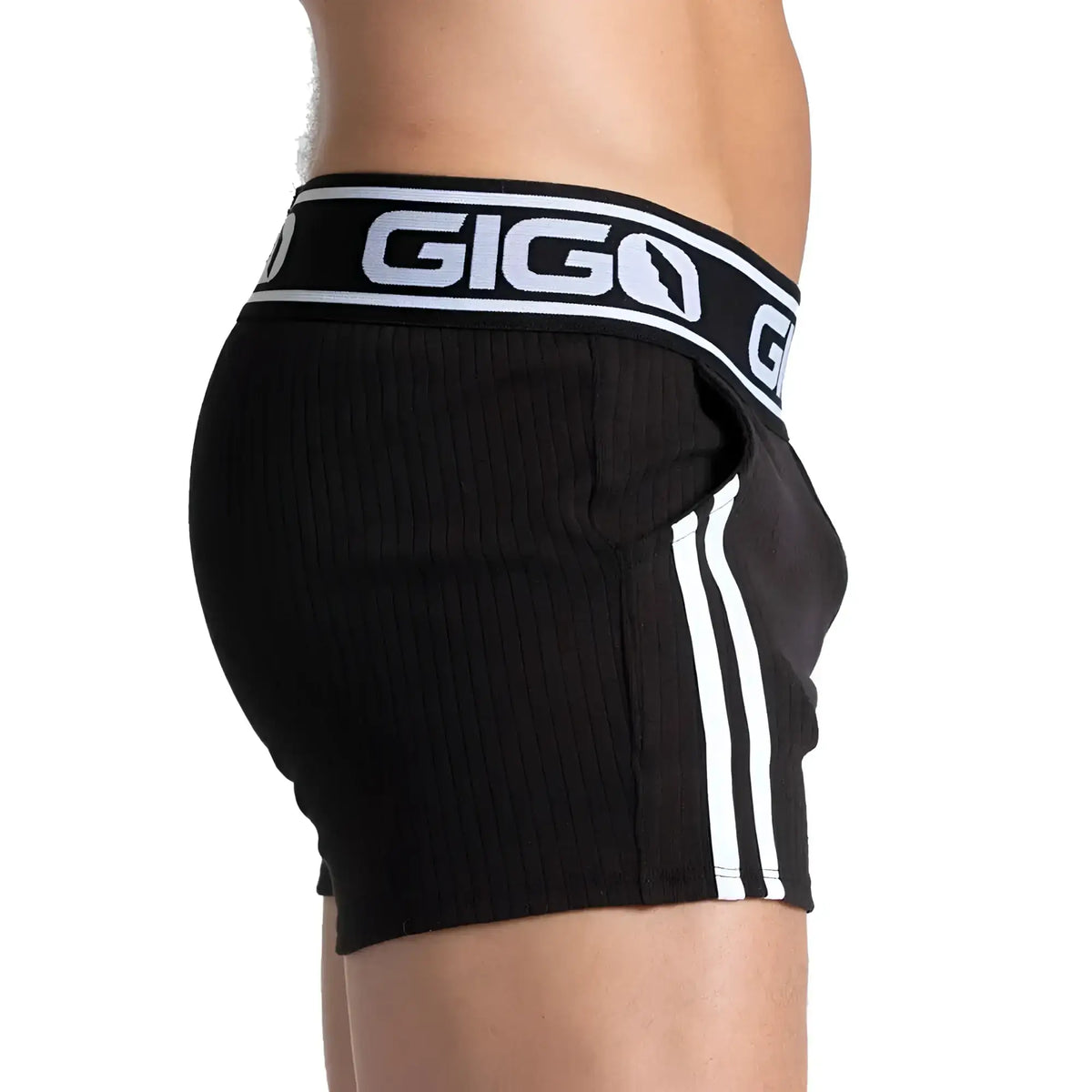 Gigo Khanal black short menÃ¢â‚¬â„¢s briefs with white vertical stripes and ribbed texture perfect for everyday wear