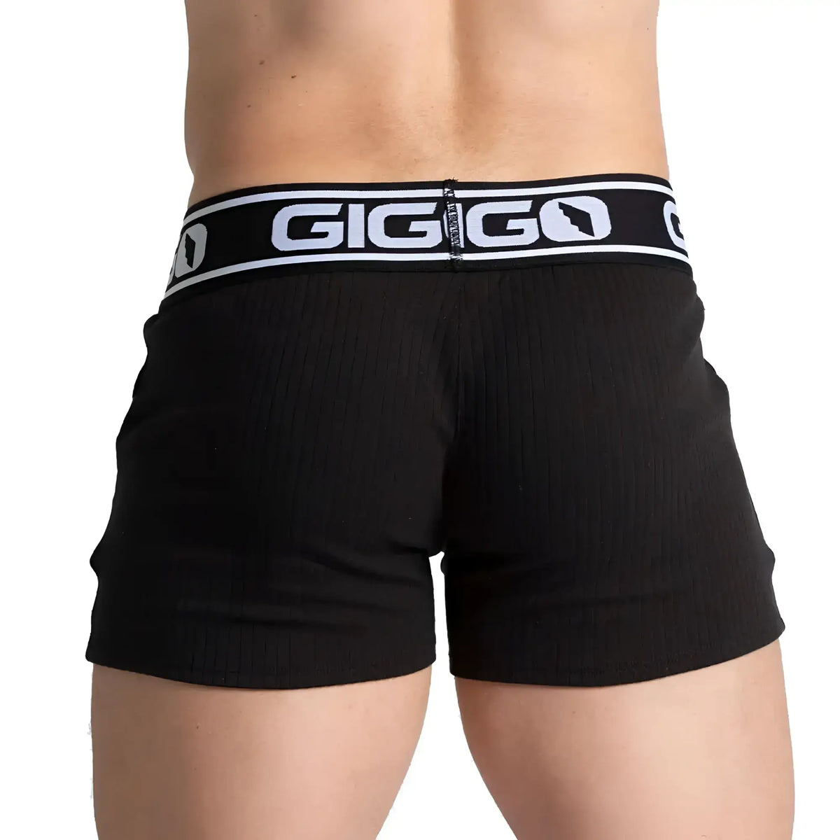 Black ribbed briefs with bold white gigigo logo band on waistband from gigo khanal black short collection