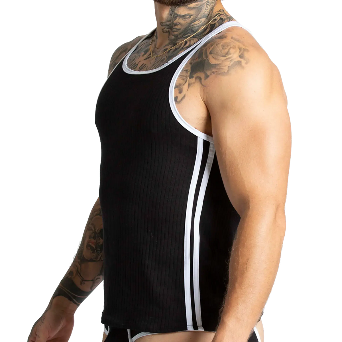 Black ribbed tank top with white trim and vertical side stripes from Gigo Khanal for casual wear