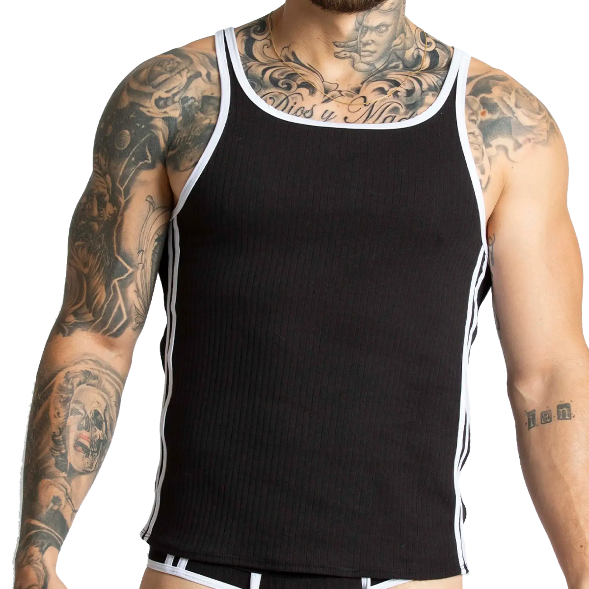 Gigo Khanal black ribbed tank top with white trim along neckline and side seams for casual wear
