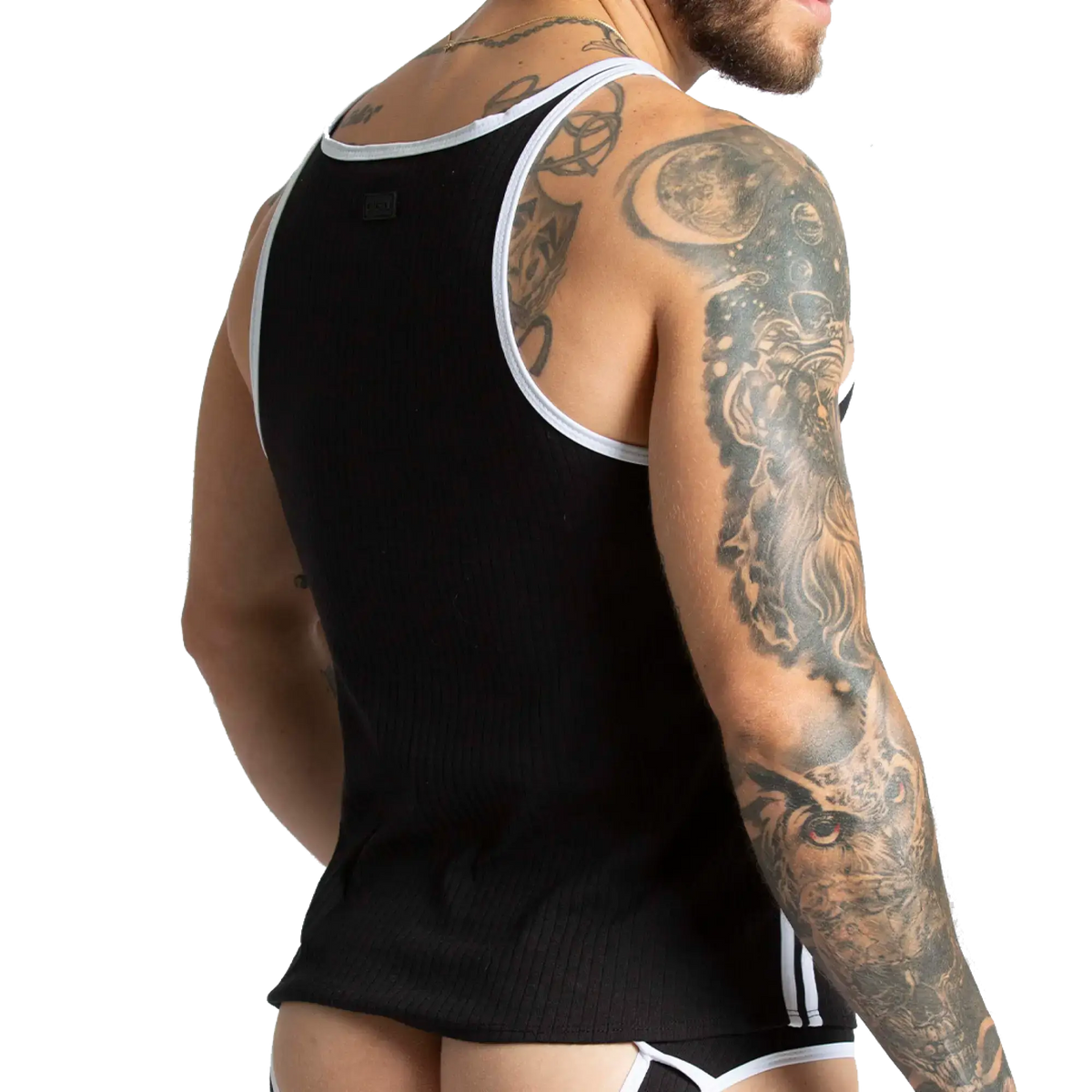 Gigo Khanal black ribbed tank top with white trim along neckline and armholes for casual wear