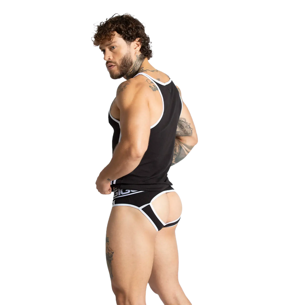 Black and white athletic-style briefs with bold contrasting trim from gigo khanal black tank collection