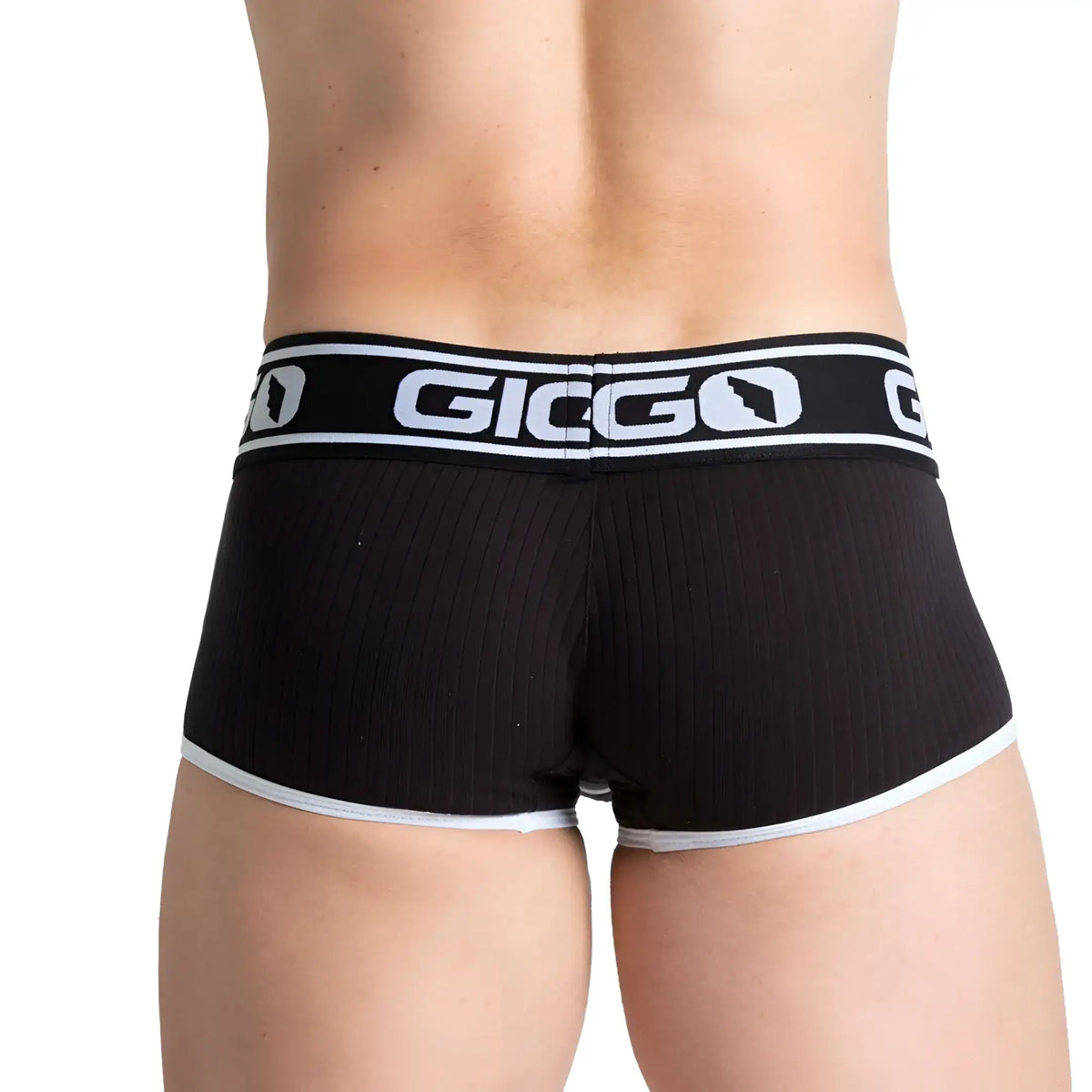 Black gigo khanal trunk briefs with white trim and ribbed texture in soft breathable fabric for everyday wear