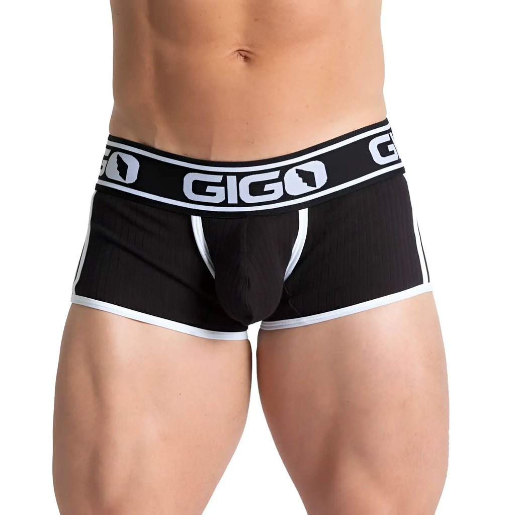 Black gigo khanal trunk briefs with white trim and ribbed texture designed for comfortable everyday wear