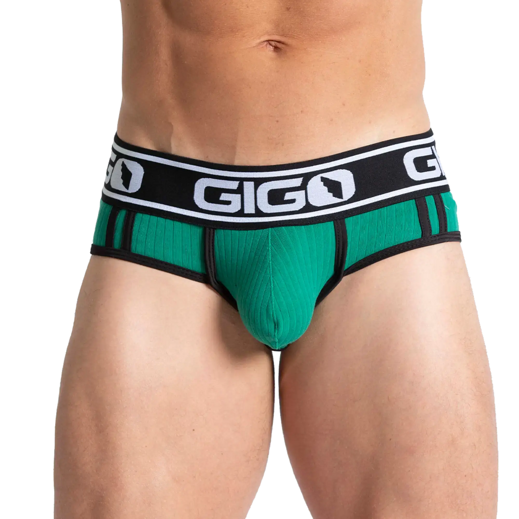 Gigo Khanal green briefs with black trim and ribbed texture for comfortable everyday wear