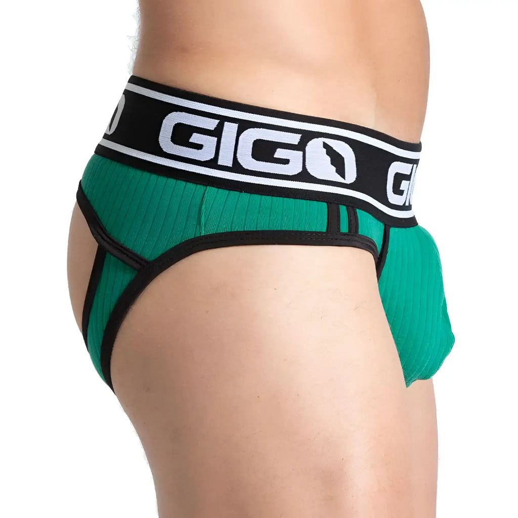 Green ribbed gigo brand briefs with black trim and white logo band from gigo khanal green brief jock collection