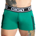 Gigo Khanal green ribbed athletic shorts with black side stripes and branded waistband for active wear