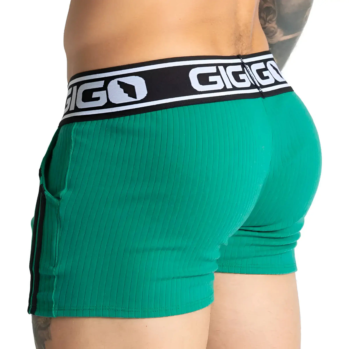 Gigo Khanal green ribbed boxer briefs with black side stripes and bold white logo on waistband