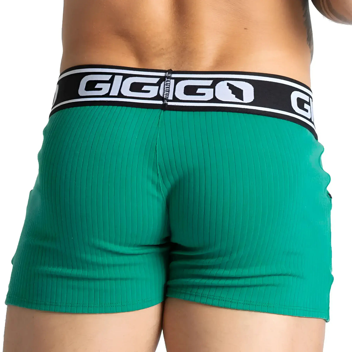 Green ribbed briefs with black gigigo logo waistband from gigo khanal green short collection