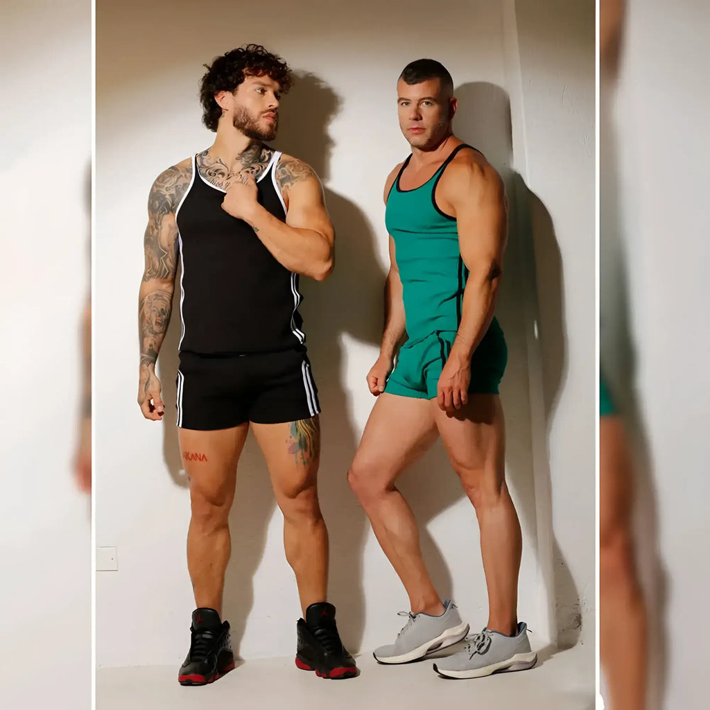 Black and teal athletic tank tops with white side stripes and green drawstring shorts gigo khanal green short set