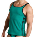 Teal ribbed tank top with black trim and side stripes from Gigo Khanal Green Tank collection
