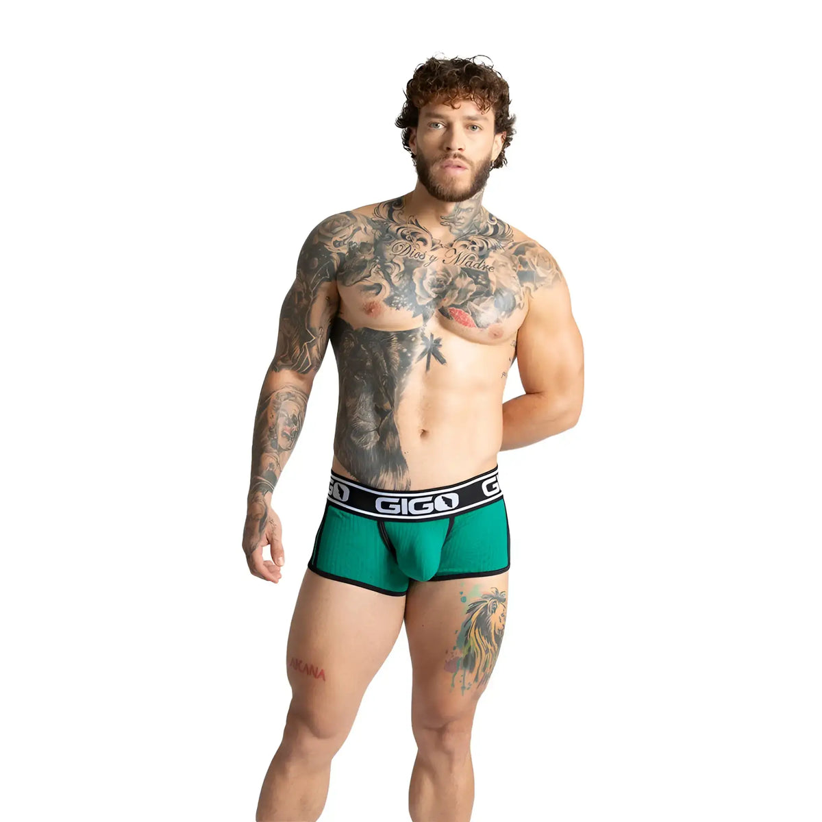 Green giga brand briefs with black trim and white logo band in gigo khanal green trunk design