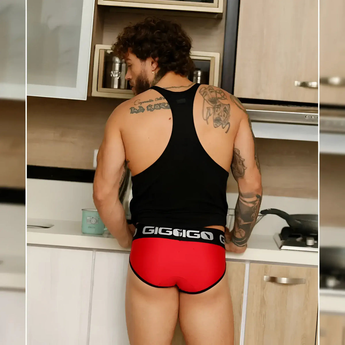 Red and black giggigo branded briefs with a bold white logo band featured in gigo lemon black tank product image