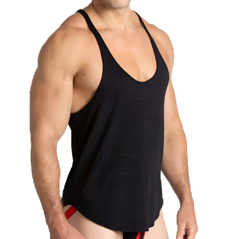 Black ribbed muscle tank top with thin straps and deep scoop neckline from gigo lemon black tank collection