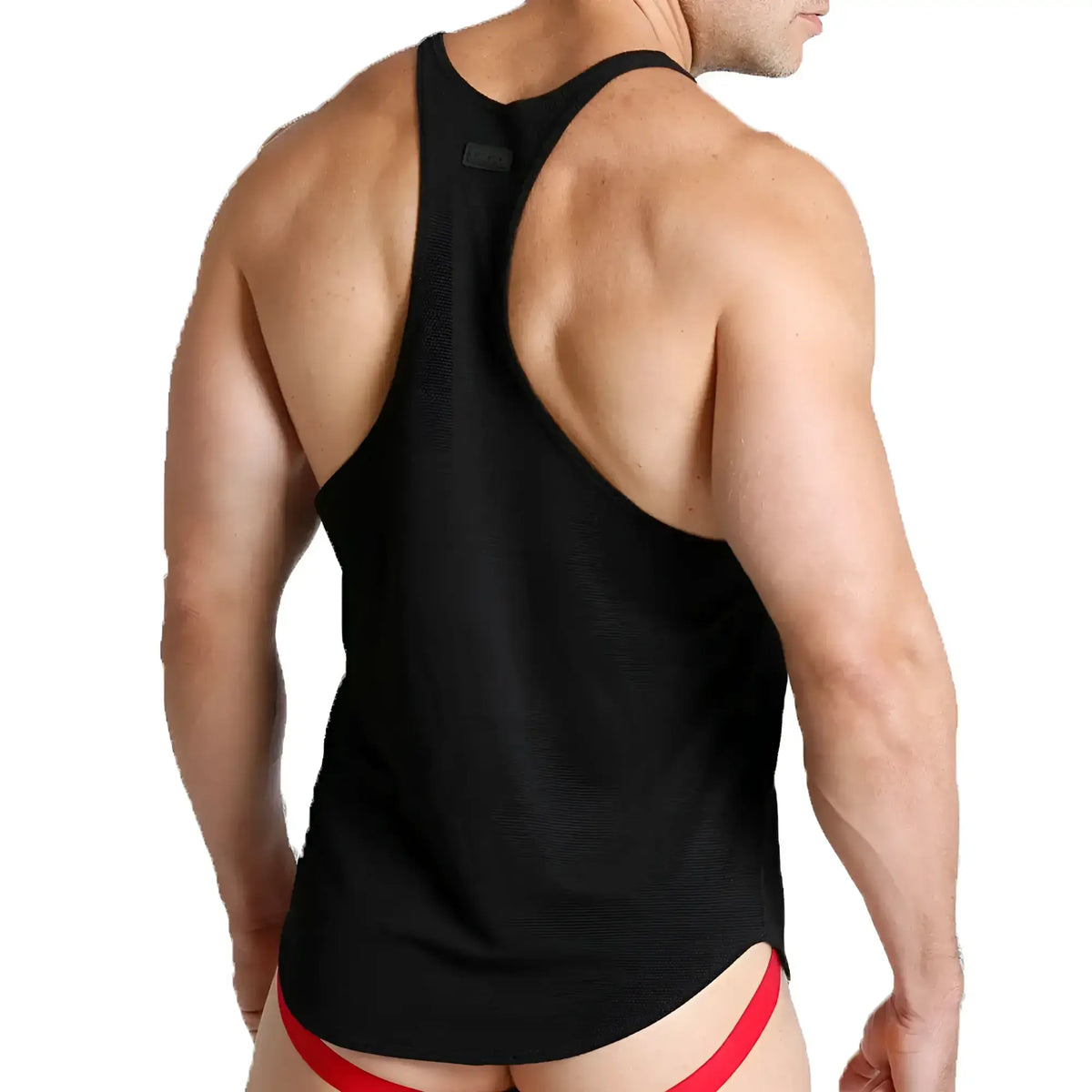 Black textured racerback tank top with a subtle ribbed pattern shown from the back for Gigo Lemon Black Tank