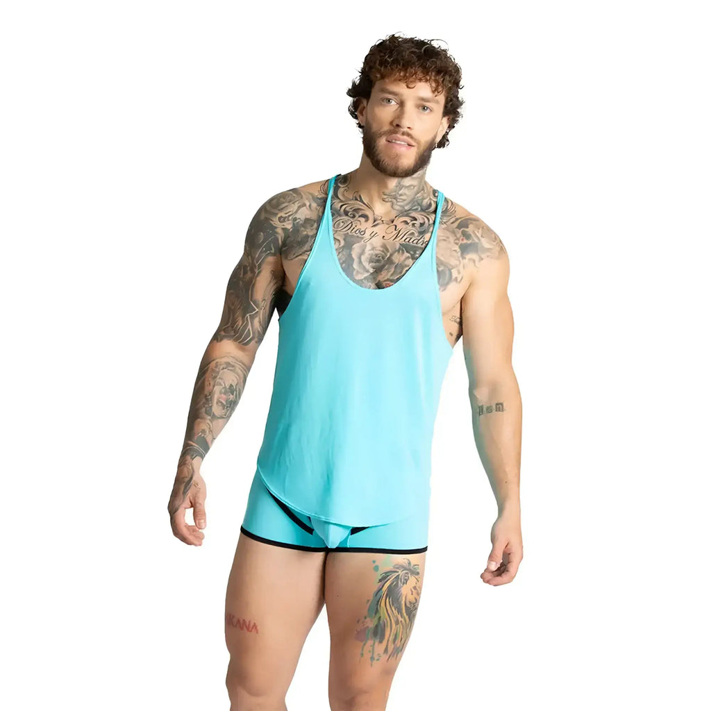 Gigo lemon blue tank turquoise sleeveless tank top with black trim along hem and armholes for casual wear