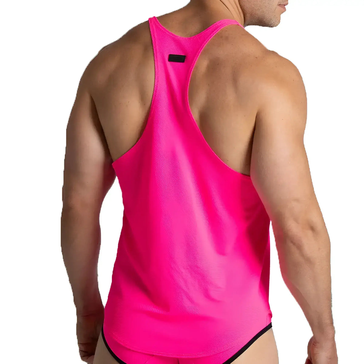Bright pink mesh gigo lemon fucshia tank top with black trim and tag at the back of the neck