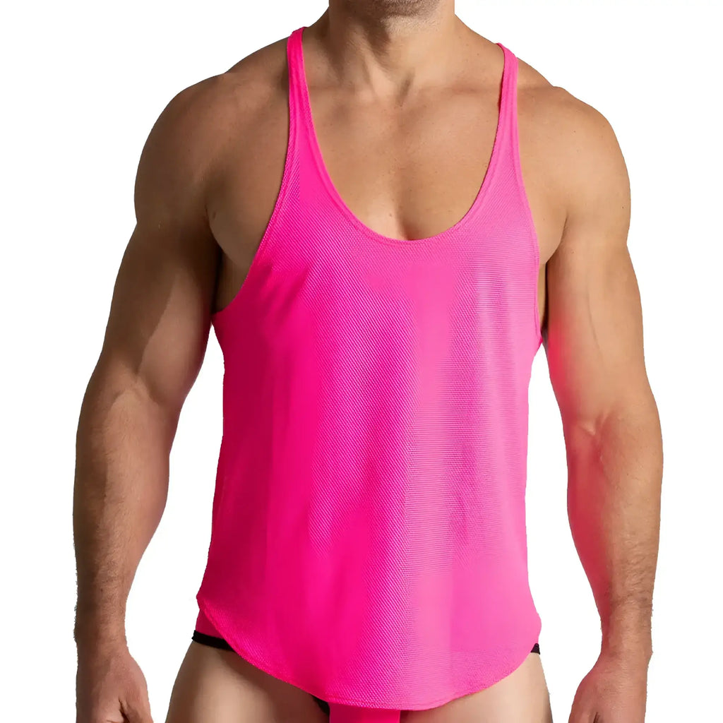 Bright pink gigo lemon fucshia tank top with textured breathable fabric and thin shoulder straps for athletic use
