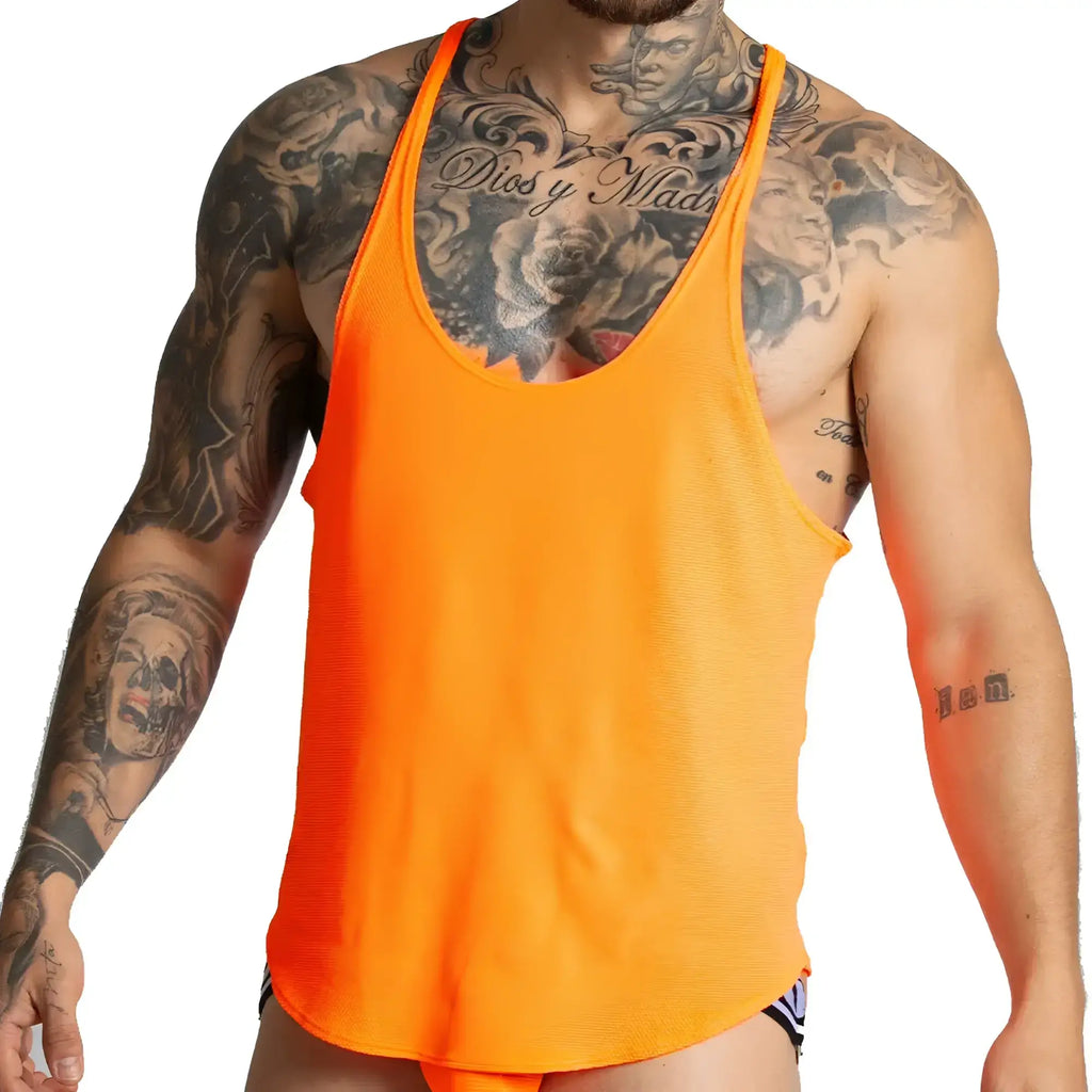 Bright orange mesh tank top with thin straps from gigo lemon orange tank collection for casual summer wear