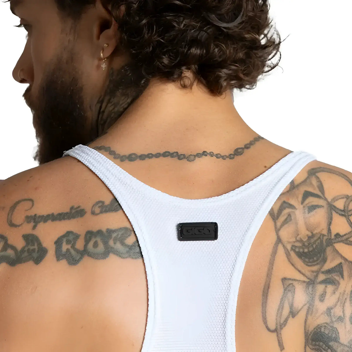 Back view of gigo lemon white mesh tank top with black rectangular brand patch made of breathable fabric