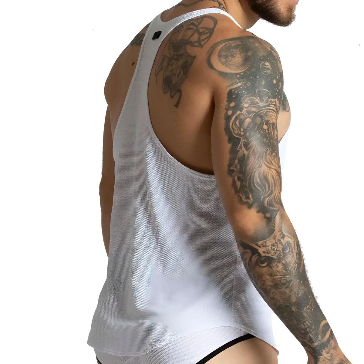 White mesh tank top with racerback design by gigo lemon featuring breathable lightweight fabric