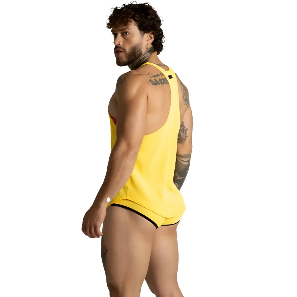 Yellow athletic tank top with black trim from gigo lemon yellow tank designed for activewear and comfort