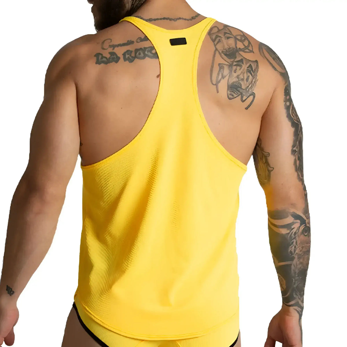 Gigo lemon yellow tank bright yellow athletic tank top with textured fabric and black trim along the neckline