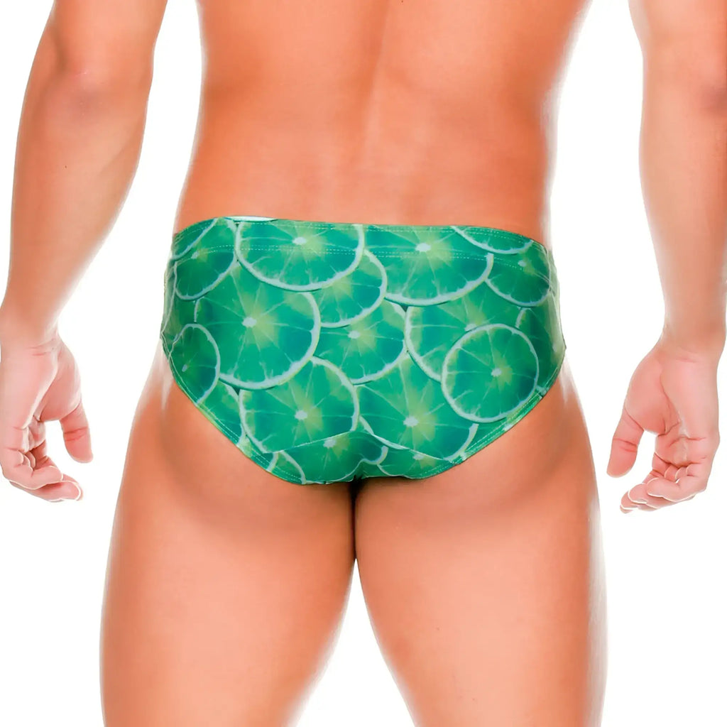 Green lime slice patterned swim briefs by gigo lemons ideal for beach and poolwear