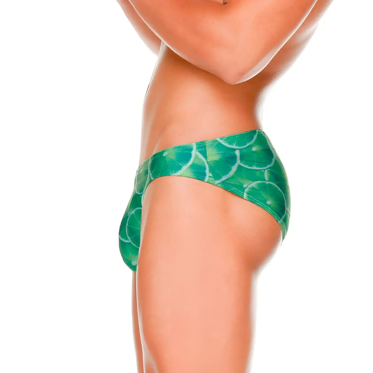 Gigo lemons swim brief featuring green lime slice patterned fabric for comfortable beachwear use