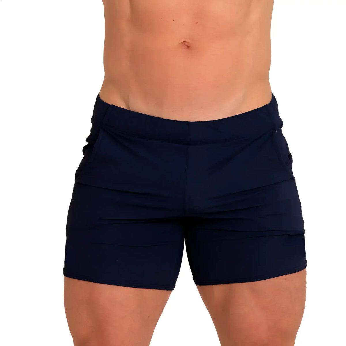Navy blue high-waisted athletic shorts with subtle side pockets from gigo letters blue beachwear collection